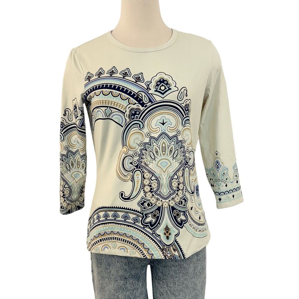 J. McLaughlin Catalina Cloth Floral Blouse Top 3/4 Sleeve Boat-Neck Cream Sz M
